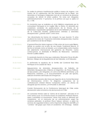 8 de marzo    Se realiza la primera manifestación pública masiva de mujeres, con
              motivo de la celebración del Día Internacional de la Mujer, son
              detenidas en Santiago y Valparaíso más de un centenar de personas
              acusadas de alterar el orden público. De estas son relegadas
              administrativamente 17 personas. Es la primera vez que se aplica el
              D.L. 3.168.

8 de marzo    En momentos que se realizaba un acto folklórico organizado por la
              comunidad Parroquial en la capilla Villa La Reina, es detenido por
              carabinero vendedor de publicaciones de la Vicaría de la
              Solidaridad, requisándole ejemplares de la serie Reflexión y Formación
              de la Colección Estudios, publicaciones referidas a detenidos
              desaparecidos “¿Dónde están?, entre otros.

14 de marzo   Son dinamitados los hornos de Lonquén, los que durante 15 años
              ocultaron los restos de 14 personas detenidas desaparecidas, muertos
              por carabineros de Isla de Maipo.

22 de Marzo   El general Pinochet debe regresar a Chile antes de tocar suelo filipino,
              donde se reuniría con el jefe de ese Estado, Ferdinand Marcos. El
              hecho es tomado como un desaire, y es comprendido como muestra
              del asilamiento internacional del gobierno de Pinochet. Como
              consecuencia, es destituido el Ministro de Relaciones Exteriores
              Hernán Cubillos Sallato.

24 de marzo   Es asesinado durante la misa que celebraba, Monseñor Oscar Arnulfo.
              Romero, Obispo de la Arquidiocésis de San Salvador, en El Salvador.

26 de marzo   Es profanada la sepultura de la familia del Cardenal Raúl Silva
              Henríquez en la ciudad de Talca.

10 de abril   Agrupaciones de detenidos desaparecidos, de Exiliados, de
              Detenidos Desaparecidos Chilenos en Argentina; de Presos Políticos;
              de Ejecutados; y de relegados, en carta a los Ministro del Interior, y de
              Relaciones exteriores, y al vicecomandante en jefe del Ejercito,
              solicitan el termino del Estado de Emergencia.

11 de abril   Son detenidos durante diez horas por Agentes de la Central Nacional
              de Informaciones (C.N.I.) 16 dirigentes campesinos de la
              confederación Unidad Obrera Campesina (UOC), en oficina de
              abogado que los asesora, y el inmueble es allanado.

12 de abril   Comité Permanente de la Conferencia Episcopal de Chile emite
              declaración sobre el retorno a la democracia en Chile.

28 de abril   Un comando intenta volar la “Llama de la Libertad”, ubicada en el
              cerro Santa Lucía. En el hecho muere el carabinero Heriberto Novoa,
              quien custodiaba el monumento. Horas más tarde es ultimado por
              carabineros, -en el transcurso de un enfrentamiento según las
              versiones policiales- el profesor Óscar Salazar Jahnsen, a quién los
              servicios de seguridad sindica como importante dirigente del MIR y el
              “cerebro” del grupo que mata al carabinero. Sin embargo, Salazar



                                      27
 