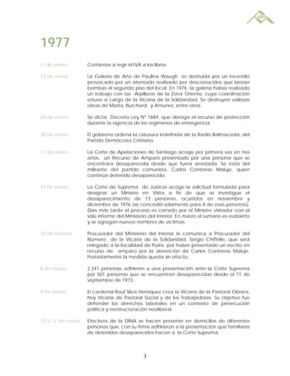 1977
1º de enero        Comienza a regir el IVA a los libros

13 de enero        La Galeria de Arte de Paulina Waugh es destruida por un incendio
                   provocado por un atentado realizado por desconocidos que lanzan
                   bombas al segundo piso del local. En 1976 la galería había realizado
                   un trabajo con las Arpilleras de la Zona Oriente, cuya coordinación
                   estuvo a cargo de la Vicaría de la Solidaridad. Se destruyen valiosas
                   obras de Matta, Burchard, y Antunez, entre otros.

28 de enero        Se dicta Decreto Ley Nº 1684, que deroga el recurso de protección
                   durante la vigencia de los regimenes de emergencia.

28 de enero        El gobierno ordena la clausura indefinida de la Radio Balmaceda, del
                   Partido Demócrata Cristiano.

31 de enero        La Corte de Apelaciones de Santiago acoge por primera vez en tres
                   años, un Recurso de Amparo presentado por una persona que se
                   encontrara desaparecida desde que fuera arrestada. Se trata del
                   militante del partido comunista, Carlos Contreras Maluje, quien
                   continúa detenido desaparecido.

31 de enero        La Corte de Suprema de Justicia acoge la solicitud formulada para
                   designar un Ministro en Visita a fin de que se investigue el
                   desaparecimiento de 13 personas, ocurridos en noviembre y
                   diciembre de 1976 (se concedió solamente para 8 de esas personas).
                   Días más tarde el proceso es cerrado por el Ministro visitador con el
                   sólo informe del Ministerio del Interior. En marzo el sumario es reabierto
                   y se agregan nuevos nombres de víctimas.

10 de febrero      Procurador del Ministerio del Interior le comunica a Procurador del
                   Número de la Vicaría de la Solidaridad, Sergio Chiffelle, que será
                   relegado a la localidad de Putre, por haber presentado un escrito en
                   recurso de amparo por la detención de Carlos Contreras Maluje.
                   Posteriormente la medida queda sin efecto.

8 de marzo         2.241 personas adhieren a una presentación ante la Corte Suprema
                   por 501 personas que se encuentran desaparecidas desde el 11 de
                   septiembre de 1973..

9 de marzo         El cardenal Raúl Silva Henríquez crea la Vicaría de la Pastoral Obrera,
                   hoy Vicaría de Pastoral Social y de los Trabajadores. Su objetivo fue
                   defender los derechos laborales en un contexto de persecución
                   política y reestructuración neoliberal.

10 a 12 de marzo   Efectivos de la DINA se hacen presente en domicilios de diferentes
                   personas que, con su firma adhirieron a la presentación que familiares
                   de detenidos desaparecidos hacen a la Corte Suprema.



                                            3
 