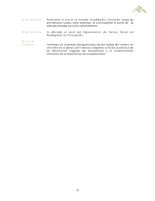 24 de diciembre   Abandona el país el ex senador socialista Eric Schnacke, luego de
                  permanecer cuatro años detenido, al conmutársele la pena de 25
                  años de presidio por la de extrañamiento.

28 de diciembre   Es allanado el local del Departamento de Servicio Social del
                  Arzobispado de Concepción.

29 a 31 de
Diciembre         Familiares de detenidos desaparecidos inician huelga de hambre en
                  el interior de la Iglesia San Francisco exigiendo el fin de la práctica de
                  las detenciones seguidas de desaparición y el esclarecimiento
                  inmediato de la situación de los desaparecidos.




                                           9
 