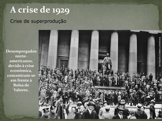 A crise de 1929
Crise de superprodução
BETTMANN/CORBIS/LATINSTOCK
Desempregados
norte-
americanos,
devido à crise
econômica,
concentram-se
em frente à
Bolsa de
Valores.
 