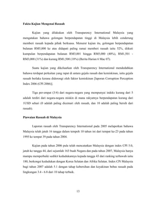 Fakta Kajian Mengenai Rasuah
Kajian yang dilakukan oleh Transparency International Malaysia yang
mengatakan bahawa golongan berpendapatan tinggi di Malaysia lebih cenderung
memberi rasuah kepada pihak berkuasa. Menurut kajian itu, golongan berpendapatan
bulanan RM5,000 ke atas didapati paling ramai memberi rasuah iaitu 52%, diikuti
kumpulan berpendapatan bulanan RM3,001 hingga RM5,000 (40%), RM1,501 -
RM3,000 (31%) dan kurang RM1,500 (18%) (Berita Harian 6 Mac 07).
Suatu kajian yang dikeluarkan oleh Transparency International mendedahkan
bahawa terdapat perkaitan yang rapat di antara gejala rasuah dan kemiskinan, iaitu gejala
rasuah berlaku kerana didorongi oleh faktor kemiskinan [laporan Corruption Perception
Index 2006 (CPI 2006)].
Tiga per-empat (3/4) dari negara-negara yang mempunyai indeks kurang dari 5
adalah terdiri dari negara-negara miskin di mana rakyatnya berpendapatan kurang dari
1USD sehari (0 adalah paling dicemari oleh rasuah, dan 10 adalah paling bersih dari
rasuah).
Piawaian Rasuah di Malaysia
Laporan rasuah oleh Transparency International pada 2005 melaporkan bahawa
Malaysia telah jatuh 16 tangga dalam tempoh 10 tahun ini dari tempat ke-23 pada tahun
1995 ke tempat 39 pada tahun 2004.
Kajian pada tahun 2006 pula telah mencatatkan Malaysia dengan index CPI 5.0,
jatuh ke tangga 44, dari sejumlah 163 buah Negara dan pada tahun 2007, Malaysia hanya
mampu memperbaiki sedikit kedudukannya kepada tangga 43 dari ranking terbawah iaitu
180, berkongsi kedudukan dengan Korea Selatan dan Afrika Selatan. Index CPi Malaysia
bagi tahun 2007 adalah 5.1 dengan tahap kebersihan dan keyakinan bebas rasuah pada
lingkungan 3.4 - 6.8 dari 10 tahap terbaik.
13
 