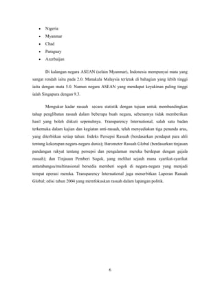• Nigeria
• Myanmar
• Chad
• Paraguay
• Azerbaijan
Di kalangan negara ASEAN (selain Myanmar), Indonesia mempunyai mata yang
sangat rendah iaitu pada 2.0. Manakala Malaysia terletak di bahagian yang lebih tinggi
iaitu dengan mata 5.0. Namun negara ASEAN yang mendapat keyakinan paling tinggi
ialah Singapura dengan 9.3.
Mengukur kadar rasuah secara statistik dengan tujuan untuk membandingkan
tahap penglibatan rasuah dalam beberapa buah negara, sebenarnya tidak memberikan
hasil yang boleh diikuti sepenuhnya. Transparency International, salah satu badan
terkemuka dalam kajian dan kegiatan anti-rasuah, telah menyediakan tiga penanda aras,
yang diterbitkan setiap tahun: Indeks Persepsi Rasuah (berdasarkan pendapat para ahli
tentang kekorupan negara-negara dunia); Barometer Rasuah Global (berdasarkan tinjauan
pandangan rakyat tentang persepsi dan pengalaman mereka berdepan dengan gejala
rasuah); dan Tinjauan Pemberi Sogok, yang melihat sejauh mana syarikat-syarikat
antarabangsa/multinasional bersedia memberi sogok di negara-negara yang menjadi
tempat operasi mereka. Transparency International juga menerbitkan Laporan Rasuah
Global; edisi tahun 2004 yang memfokuskan rasuah dalam lapangan politik.
6
 