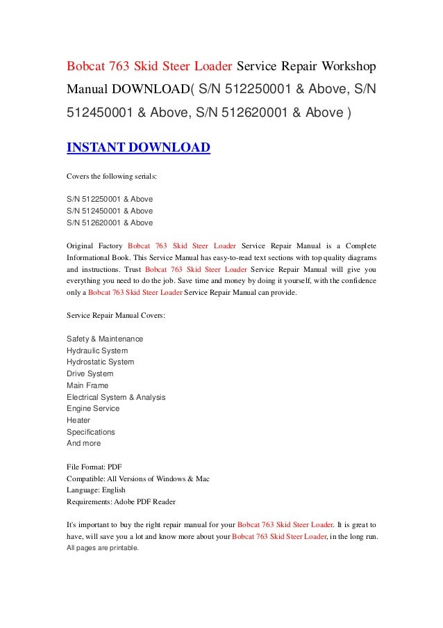 Bobcat 763 and 763HF Skid-Steer Loader Service Manual