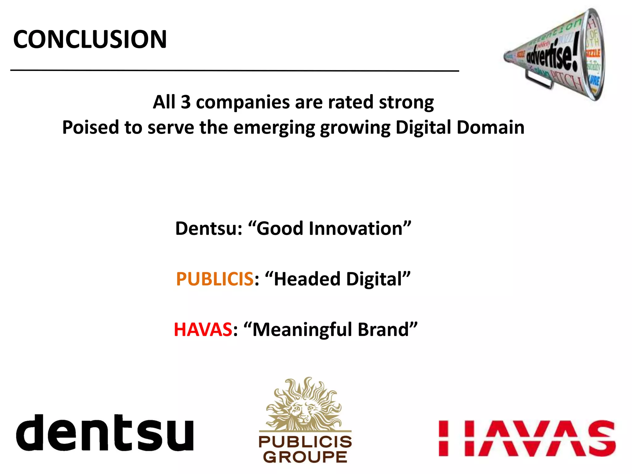 CONCLUSION
All 3 companies are rated strong
Poised to serve the emerging growing Digital Domain
Dentsu: “Good Innovation”
PUBLICIS: “Headed Digital”
HAVAS: “Meaningful Brand”
 