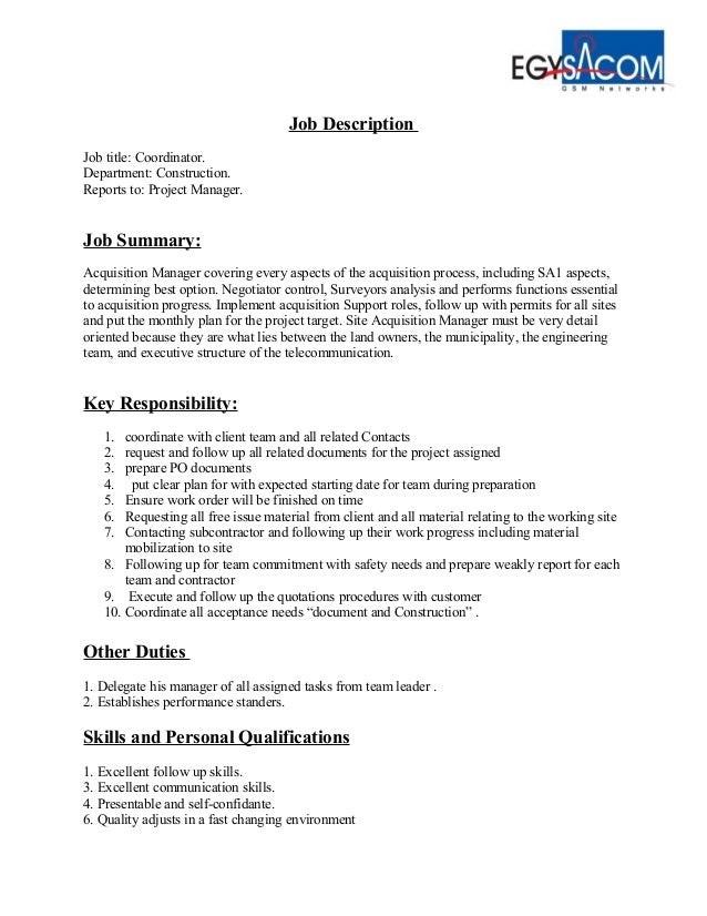 construction objectives ma job description