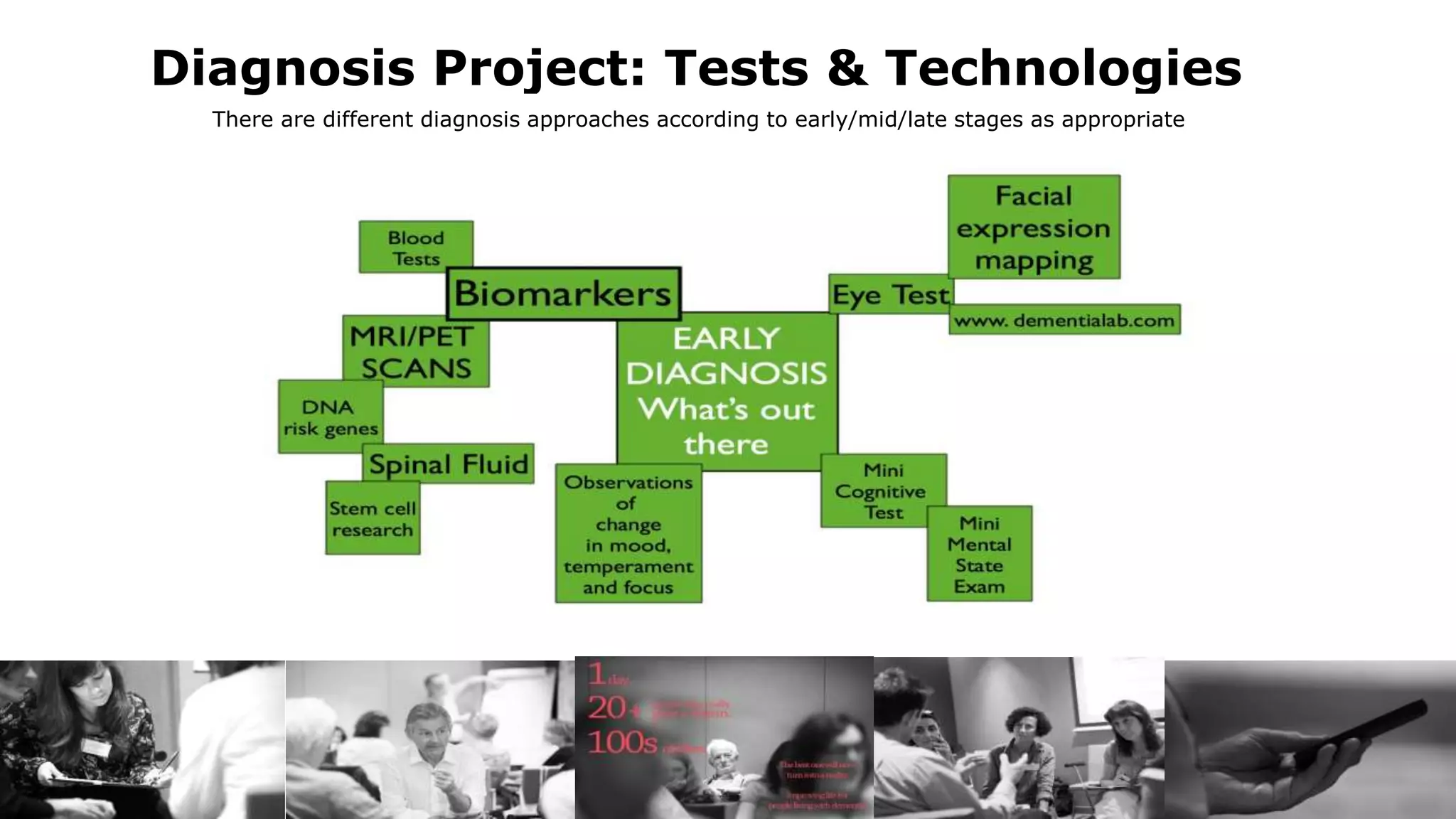 Diagnosis Project: Tests & Technologies
There are different diagnosis approaches according to early/mid/late stages as appropriate
 