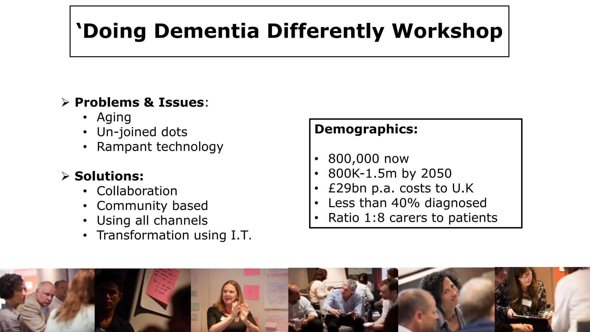 ‘Doing Dementia Differently Workshop
 Problems & Issues:
• Aging
• Un-joined dots
• Rampant technology
 Solutions:
• Collaboration
• Community based
• Using all channels
• Transformation using I.T.
Demographics:
• 800,000 now
• 800K-1.5m by 2050
• £29bn p.a. costs to U.K
• Less than 40% diagnosed
• Ratio 1:8 carers to patients
 