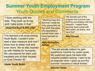 Summer Youth Employment Program
Youth Quotes and Comments
“I love working with the
kids. They look up to me
and I take pride in that.”
“Working here this
summer made me
truly appreciate all
the work that goes
into operating a
school each year. I
have learned so
much.”
“I’ve learned a lot since joining
Youth Build. I couldn’t even
read a tape measure and now I
know how to sheet rock and
even more. We’ve also teamed
up with Habitat for Humanity.
We volunteered for them and
insulated one of their houses
on East Chester St.”
“This job actually helped me gain
experience towards my career goals.
My supervisor gave me tasks that
required problem solving. I want to be
an engineer when I grow up and this
summer I became a critical thinker.”
Saugerties Boys & Girls Club
Myer Elementary
School
Ulster Youth Build
Ashokan Center
“My favorite part of the
program this summer was
forming connections with the
campers. I helped them
become more social with
their peers, be active, and
have fun!”
MAC Fitness
 
