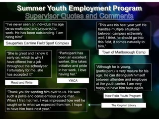 Summer Youth Employment Program
“She is great and I knew it
early on, which is why I
have offered her a job
throughout the schoolyear.
Fortunately for me, she
has accepted it!”
“I’ve never seen an individual his age
be so motivated and prepared to
work. He has been outstanding. I am
hiring him!”
“Although he is young,
(participant) is very mature for his
age. He can distinguish himself
between attendee and employee
at the youth center. I am very
happy to have him back again.
Read and Write
Saugerties Cantine Field Sport Complex
New Paltz Youth Program
“This was his best year yet! He
handles multiple situations
between campers extremely
well. I think he should go into
this field, it comes naturally to
him.”
Town of Marlborough Camp“Participant has
been an excellent
worker. She takes
initiative and pride
in her work. I love
having her.”
YMCA
“Thank you for sending him over to us. He was
such a polite and conscientious young man.
When I first met him, I was impressed how well he
caught on to what we expected from him. I hope
to have him back next year.”
The Kingston Library
 