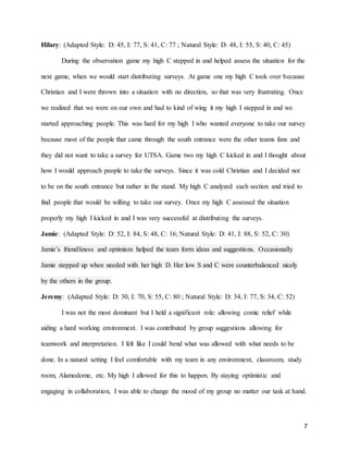 7
Hilary: (Adapted Style: D: 45, I: 77, S: 41, C: 77 ; Natural Style: D: 48, I: 55, S: 40, C: 45)
During the observation game my high C stepped in and helped assess the situation for the
next game, when we would start distributing surveys. At game one my high C took over because
Christian and I were thrown into a situation with no direction, so that was very frustrating. Once
we realized that we were on our own and had to kind of wing it my high I stepped in and we
started approaching people. This was hard for my high I who wanted everyone to take our survey
because most of the people that came through the south entrance were the other teams fans and
they did not want to take a survey for UTSA. Game two my high C kicked in and I thought about
how I would approach people to take the surveys. Since it was cold Christian and I decided not
to be on the south entrance but rather in the stand. My high C analyzed each section and tried to
find people that would be willing to take our survey. Once my high C assessed the situation
properly my high I kicked in and I was very successful at distributing the surveys.
Jamie: (Adapted Style: D: 52, I: 84, S: 48, C: 16; Natural Style: D: 41, I: 88, S: 52, C: 30)
Jamie’s friendliness and optimism helped the team form ideas and suggestions. Occasionally
Jamie stepped up when needed with her high D. Her low S and C were counterbalanced nicely
by the others in the group.
Jeremy: (Adapted Style: D: 30, I: 70, S: 55, C: 80 ; Natural Style: D: 34, I: 77, S: 34, C: 52)
I was not the most dominant but I held a significant role: allowing comic relief while
aiding a hard working environment. I was contributed by group suggestions allowing for
teamwork and interpretation. I felt like I could bend what was allowed with what needs to be
done. In a natural setting I feel comfortable with my team in any environment, classroom, study
room, Alamodome, etc. My high I allowed for this to happen. By staying optimistic and
engaging in collaboration, I was able to change the mood of my group no matter our task at hand.
 