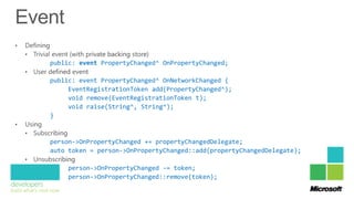 public: event PropertyChanged^ OnPropertyChanged;

public: event PropertyChanged^ OnNetworkChanged {
     EventRegistrationToken add(PropertyChanged^);
     void remove(EventRegistrationToken t);
     void raise(String^, String^);
}


person->OnPropertyChanged += propertyChangedDelegate;
auto token = person->OnPropertyChanged::add(propertyChangedDelegate);

    person->OnPropertyChanged -= token;
    person->OnPropertyChanged::remove(token);
 
