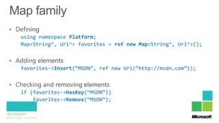 using namespace Platform;
Map<String^, Uri^> favorites = ref new Map<String^, Uri^>();



favorites->Insert(“MSDN”, ref new Uri(“http://msdn.com”));



if (favorites->HasKey(“MSDN”))
    favorites->Remove(“MSDN”);
 