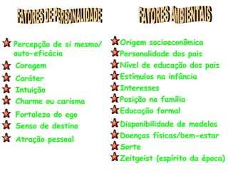 Percepção de si mesmo/   Origem socioeconômica
auto-eficácia            Personalidade dos pais
Coragem                  Nível de educação dos pais
Caráter                  Estímulos na infância
Intuição                 Interesses
Charme ou carisma        Posição na família
                         Educação formal
Fortaleza do ego
Senso de destino         Disponibilidade de modelos
                         Doenças físicas/bem-estar
Atração pessoal
                         Sorte
                         Zeitgeist (espírito da época)
 