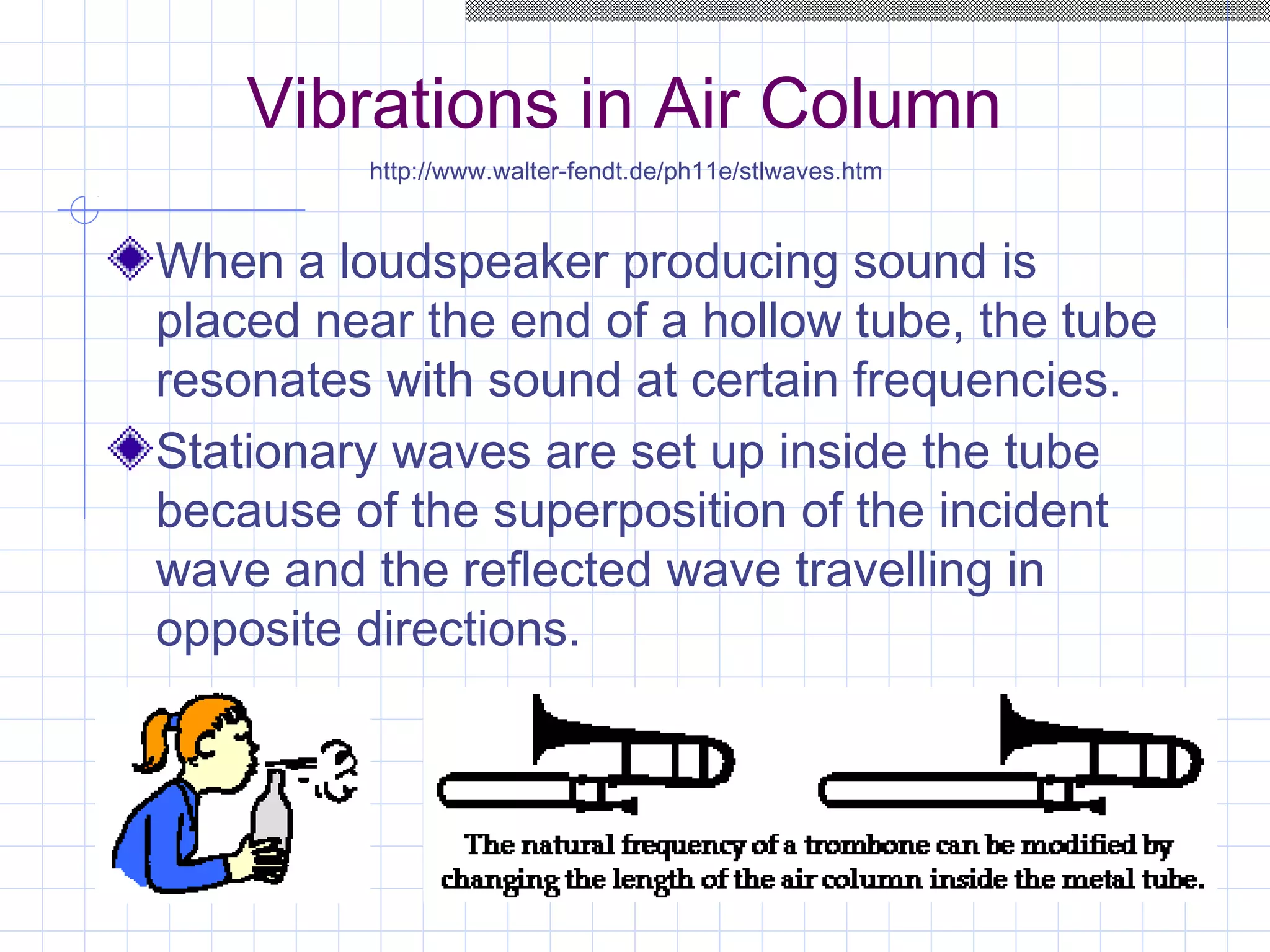 Vibrations in Air Column
When a loudspeaker producing sound is
placed near the end of a hollow tube, the tube
resonates with sound at certain frequencies.
Stationary waves are set up inside the tube
because of the superposition of the incident
wave and the reflected wave travelling in
opposite directions.
http://www.walter-fendt.de/ph11e/stlwaves.htm
 