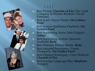 1981<br />Best Picture: Chariots of Fire (The Ladd Company & Warner Brothers- David Puttnam)<br />Best Actor: Henry Fonda-...