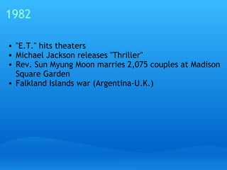 1982 "E.T." hits theaters Michael Jackson releases "Thriller" Rev. Sun Myung Moon marries 2,075 couples at Madison Square Garden Falkland Islands war (Argentina-U.K.) 