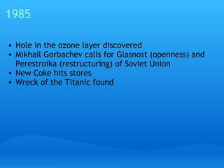 1985 Hole in the ozone layer discovered Mikhail Gorbachev calls for Glasnost (openness) and Perestroika (restructuring) of Soviet Union New Coke hits stores Wreck of the Titanic found 