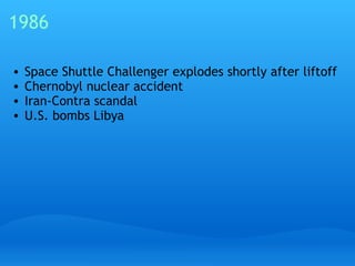 1986 Space Shuttle Challenger explodes shortly after liftoff Chernobyl nuclear accident Iran-Contra scandal U.S. bombs Libya 