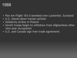 1988 Pan Am Flight 103 is bombed over Lockerbie, Scotland U.S. shoots down Iranian airliner Solidarity strikes in Poland Soviet troops begin to withdraw from Afghanistan after nine year occupation U.S. and Canada sign free trade agreement 