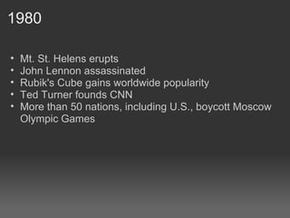 1980 Mt. St. Helens erupts John Lennon assassinated Rubik's Cube gains worldwide popularity Ted Turner founds CNN More than 50 nations, including U.S., boycott Moscow Olympic Games 