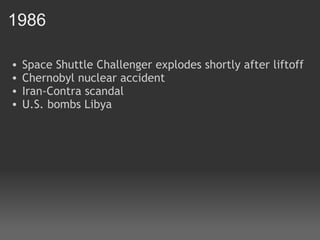 1986 Space Shuttle Challenger explodes shortly after liftoff Chernobyl nuclear accident Iran-Contra scandal U.S. bombs Libya 
