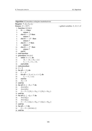 8. TRADUÇÃO DIRECTA 8.3. Algoritmos
Algorithm 1 Conceitos e relações insatisfazíveis
Require: T , GTp
(Vp, Ep)
Ensure: O = Ω(T ) global variables: S, M, U, O
1: function ATOM(v)
2: if v = A then
3: return A
4: else if v = ∃P then
5: return P
6: else if v = ∃P− then
7: return P
8: else if v = P then
9: return P
10: else if v = P− then
11: return P
12: end if
13: end function
14: procedure ANCS(v)
15: while ∃u ∈ Uv do
16: Mv ← Mv ∪ Mu ∪ {u}
17: Uv ← Uv ∪ Uu  Mv
18: end while
19: end procedure
20: S ← ∅
21: for all v ∈ Vp do
22: Uv ← ∅
23: for all u ∈ Vp s.t. (u, v) ∈ Ep do
24: Uv ← Uv ∪ {u}
25: end for
26: Mv ← ∅
27: end for
28: for all B1 ¬B2 ∈ T do
29: ANCS(B1)
30: ANCS(B2)
31: S ← S ∪ (({B1} ∪ MB1 ) ∩ ({B2} ∪ MB2 ))
32: end for
33: for all Q1 ¬Q2 ∈ T do
34: ANCS(Q1)
35: ANCS(Q2)
36: S ← S ∪ (({Q1} ∪ MQ1 ) ∩ ({Q2} ∪ MQ2 ))
37: end for
38: for all v ∈ S do
39: O ← O ∪ {ATOM(v)}
40: end for
106
 