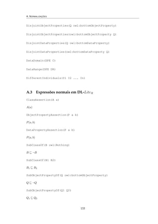 A. NORMALIZAÇÕES
DisjointObjectProperties(Q owl:bottomObjectProperty)
DisjointObjectProperties(owl:bottomObjectProperty Q)
DisjointDataProperties(Q owl:bottomDataProperty)
DisjointDataProperties(owl:bottomDataProperty Q)
DataDomain(DPE C)
DataRange(DPE DR)
DifferentIndividuals(I1 I2 ... In)
A.3 Expressões normais em DL-LiteR
ClassAssertion(A a)
A(a)
ObjectPropertyAssertion(P a b)
P(a, b)
DataPropertyAssertion(P a b)
P(a, b)
SubClassOf(B owl:Nothing)
B ¬B
SubClassOf(B1 B2)
B1 B2
SubObjectPropertyOf(Q owl:bottomObjectProperty)
Q ¬Q
SubObjectPropertyOf(Q1 Q2)
Q1 Q2
133
 