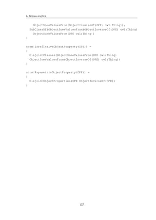 A. NORMALIZAÇÕES
ObjectSomeValuesFrom(ObjectInverseOf(OPE) owl:Thing)),
SubClassOf(ObjectSomeValuesFrom(ObjectInverseOf(OPE) owl:Thing)
ObjectSomeValuesFrom(OPE owl:Thing))
}
norm(IrreflexiveObjectProperty(OPE)) =
{
DisjointClasses(ObjectSomeValuesFrom(OPE owl:Thing)
ObjectSomeValuesFrom(ObjectInverseOf(OPE) owl:Thing))
}
norm(AsymmetricObjectProperty(OPE)) =
{
DisjointObjectProperties(OPE ObjectInverseOf(OPE))
}
137
 