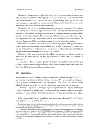 1. LÓGICAS DE DESCRIÇÃO 1.2. Semântica
O axioma 1.5 assegura que cada música tem pelo menos um artista, enquanto que
o 1.6 restringe o contradomínio da relação HasArtist para Artist, e 1.7 o contradomínio de
HasComposed para Piece. O axioma 1.8 indica que se algo foi composto por um certo
indivíduo, essa composição tem-no como artista. O axioma 1.9 deﬁne Composer como
subconjunto dos indivíduos que compuseram algo.
Os axiomas 1.6-1.9, por si só, já permitem derivar que um compositor é um artista.
É de notar que essa conclusão é possível mesmo sem a presença de nenhum compositor
ou música. Tal é o efeito que se pretende quando se raciocina, com esquemas de conhe-
cimento, em domínios inﬁnitos. Não obstante, é evidente que havendo informação espe-
cíﬁca é possível usá-la para derivações acerca de indivíduos especíﬁcos. Por exemplo, na
presença da asserção 1.14 é possível derivar que GeorgeGershwin é um artista.
O axioma 1.10 expressa uma directiva de recomendação geral: CDs que sejam mais
vendidos são automaticamente recomendados aos clientes. O axioma 1.11 garante que
um CD entre os menos vendidos nunca é recomendado. Tal é particularmente útil para
restringir as recomendações especíﬁcas para cada cliente.
O axioma 1.12 é uma restrição de integridade, que garante que algum engano na
introdução dos dados em que um peça ﬁque classiﬁcada como artista ou vice-versa é
detectado 1.
As asserções 1.13-1.16 indicam que Blue Train tem John Coltrane como artista, que
George Gershwin compôs Rhapsody In Blue, que Gustav Mahler é compositor, e que Blue
Train é um CD dos mais vendidos, respectivamente.
1.2 Semântica
A semântica das Lógicas de Descrição é dada em termos de interpretações, I = ∆I , .I ,
que consistem num domínio de interpretação não vazio ∆I e uma função de interpreta-
ção .I , que atribui a cada conceito C um subconjunto CI de ∆I , e a cada relação R uma
relação binária RI sobre ∆I – as extensões do conceito ou relação, respectivamente.
A tabela 1.1 2 especiﬁca as principais expressões permitidas em Lógicas de Descrição
e respectiva semântica. As expressões permitidas em descrições de conceitos, aqui deno-
tados por C, e as descrições de relações, denotados por R, estão incluídas nessa tabela.
Uma interpretação I é um modelo de uma axioma de subsunção C1 C2 (resp.,
R1 R2), se C1
I
⊆ C2
I
(resp., R1
I
⊆ R2
I
).
1
É discutível o quão realista se poderia considerar a inclusão de um tal axioma numa ontologia aplicada
ao contexto prático descrito. O proposito deste axioma é principalmente permitir expor certas propriedades
em exemplos subsequentes (ver exemplo 60).
2
As expressões apresentadas nessa tabela, com a excepção do complemento de relações (¬R), correspon-
dem aquelas que são permitidas em SROIQ, [24] a DL na qual a linguagem OWL 2 DL se fundamenta [38].
Além dessas expressões também são permitidos axiomas de simetria, assimetria, transitividade, reﬂexivi-
dade, irreﬂexividade, e disjunção para as relações. São também impostas certas restrições nos axiomas de
subsunção de relações, de modo a preservar decidibilidade. Tal não é, no entanto, relevante para a presente
exposição.
15
 
