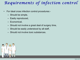 Requirements of infection control
• For ideal cross infection control procedures:-
– Should be simple,
– Easily reproduced,
– Economical,
– Should not involve a great deal of surgery time,
– Should be easily understood by all staff,
– Should not involve toxic substances.
 
