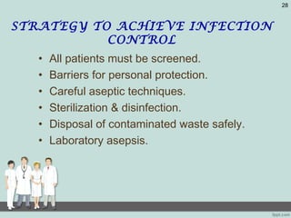 STRATEGY TO ACHIEVE INFECTION
CONTROL
• All patients must be screened.
• Barriers for personal protection.
• Careful aseptic techniques.
• Sterilization & disinfection.
• Disposal of contaminated waste safely.
• Laboratory asepsis.
28
 