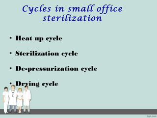 Cycles in small office
sterilization
• Heat up cycle
• Sterilization cycle
• De-pressurization cycle
• Drying cycle
 