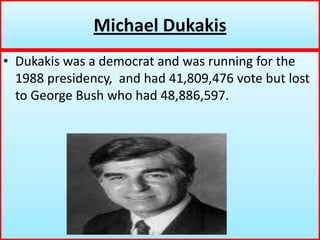 Michael DukakisDukakis was a democrat and was running for the 1988 presidency,  and had 41,809,476 vote but lost to George Bush who had 48,886,597.