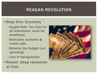 REAGAN REVOLUTION
                         ,
Step One: Economy
  Supply-Side: Tax Cuts for
   all Americans; most for
   wealthiest
  Stimulate economy &
   create jobs
  Balance the budget (cut
   spending)
  Lots of deregulation
Result: deep recession
 at first
 