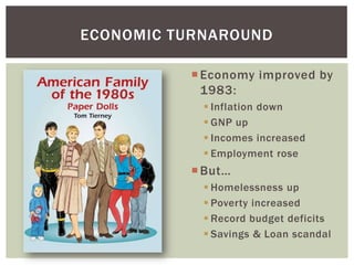 ECONOMIC TURNAROUND

           Economy improved by
            1983:
             Inflation down
             GNP up
             Incomes increased
             Employment rose
           But…
             Homelessness up
             Poverty increased
             Record budget deficits
             Savings & Loan scandal
 