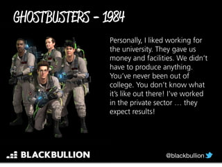 Personally, I liked working for
the university. They gave us
money and facilities. We didn’t
have to produce anything.
You’ve never been out of
college. You don’t know what
it’s like out there! I’ve worked
in the private sector … they
expect results!
-
 