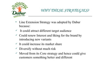 WHY THESE STRATEGIES? Line Extension Strategy was adopted by Dabur because: It could attract different target audience Could renew Interest and liking for the brand by introducing new variants It could increase its market share Diversify without much risk Moved from its Core strategy and hence could give customers something better and different 