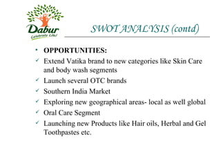 SWOT ANALYSIS (contd) OPPORTUNITIES: Extend Vatika brand to new categories like Skin Care and body wash segments Launch several OTC brands Southern India Market Exploring new geographical areas- local as well global Oral Care Segment Launching new Products like Hair oils, Herbal and Gel Toothpastes etc. 