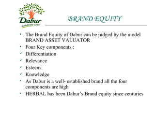 BRAND EQUITY The Brand Equity of Dabur can be judged by the model BRAND ASSET VALUATOR Four Key components : Differentiation Relevance Esteem Knowledge As Dabur is a well- established brand all the four components are high HERBAL has been Dabur’s Brand equity since centuries 