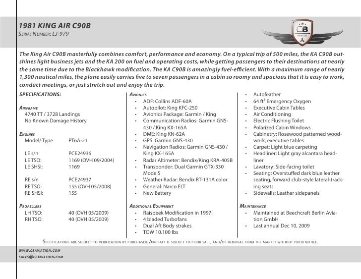 1981 King Air C90 B (5BCJL sn LJ979) Detailed Specs