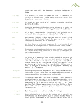 muertos en otros países, que habían sido detenidos en Chile por la
               DINA.

24 de Julio    Son detenidos y luego expulsados del país, los dirigentes del
               Movimiento Democrático Popular, Juan Parra, Osiel Nuñez, René
               Largo Farías y Juan Godoy Gómez.

26 de Julio    Se realiza un paro comunal en Pudahuel resultando numerosas
               personas detenidas.

26 de julio    Comando Nacional de Trabajadores envía petitorio de 21 puntos con
               reivindicaciones económicas, sociales y políticas al Jefe de Estado.

28 de julio    En el Teatro Cariola cientos de campesinos conmemoran el 17ª
               aniversario de la promulgación de la Ley de Reforma Agraria.

Julio          Es negado el ingreso al Hospital Militar de la Ministra de la Corte de
               Apelaciones de Santiago Raquel Campusano, a entrevistar al
               detenido por agentes de la CNI, Luis Beldar.

Julio          La Corte Suprema confirma encargatoria de reo en contra de seis
               funcionarios de Investigaciones en el caso conocido como COVEMA.

Julio          Seis estudiantes expulsados de la Universidad Católica inician huelga
               de hambre en la parroquia San Roque, exigiendo su reincorporación
               al plantel Universitario.


Julio          La Vicaría de la Solidaridad hace entrega del Informe del Vicario de
               la Solidaridad a los Agentes pastorales de la Iglesia de Santiago: “Por
               una cultura de vida, basta de muerte”, que junto a una reflexión
               teológica pastoral, da cuenta de 100 muertes de chilenos ocurridas
               por causas represivas entre el 11 de mayo de 1983 y el 11 de mayo de
               1984. Se incluyen las muertes de 13 funcionarios miembros del
               Ejército, CNI y Carabineros.

4 de agosto    Son relegados por orden del gobierno, Luis Godoy, Osiel Nuñez René
               Largo Farías, quienes luego de ser expulsados del país, regresan al no
               aceptar asilo político ni en Argentina ni en Colombia.

9 de agosto    Se desarrolla la jornada "Chile Defiende la Vida", convocada por el
               Cardenal Raúl Silva Henríquez, el Premio Nacional de Ciencias, Héctor
               Croxatto; el pintor Nemesio Antúnez, el sindicalista Clotario Blest, el ex
               vicepresidente de la República Brnardo Leighton, y por María
               Angélica Prats, hija del ex comandante en jefe del Ejercito Carlos
               Prats. Asisten miles de personas para manifestar su voluntad de
               defender la vida.

14 de agosto   Se realiza un paro comunal en la Zona Sur de Santiago.

17 de agosto   Como atentatorias a la libertad del ejercicio de la profesión, son
               consideradas las declaraciones que el general Pinochet hace en
               forma pública refiriéndose a los abogados de la Vicaría de la


                                       33
 