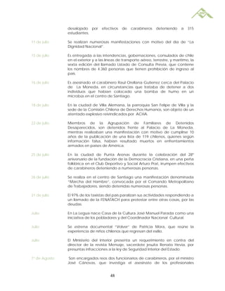 desalojado por      efectivos   de    carabineros    deteniendo     a   315
               estudiantes.

11 de julio    Se realizan numerosas manifestaciones con motivo del día de “La
               Dignidad Nacional”.

15 de julio    Es entregada a las intendencias, gobernaciones, consulados de chile
               en el exterior y a las líneas de transporte aéreo, terrestre, y marítimo, la
               sexta edición del llamado Listado de Consulta Previa, que contiene
               los nombres de 4.360 personas que tienen prohibición de ingreso al
               país.

16 de julio    Es asesinado el carabinero Raul Orellana Gutierrez cerca del Palacio
               de La Moneda, en circunstancias que trataba de detener a dos
               individuos que habían colocado una bomba de humo en un
               microbús en el centro de Santiago.

18 de julio    En la ciudad de Villa Alemana, la parroquia San Felipe de Villa y la
               sede de la Comisión Chilena de Derechos Humanos, son objeto de un
               atentado explosivo reivindicados por ACHA.

22 de julio    Miembros de la Agrupación de Familiares de Detenidos
               Desaparecidos, son detenidos frente al Palacio de La Moneda,
               mientras realizaban una manifestación con motivo de cumplirse 10
               años de la publicación de una lista de 119 chilenos, quienes según
               información falsa, habían resultado muertos en enfrentamientos
               armados en países de América.

25 de julio    En la ciudad de Punta Arenas durante la celebración del 28º
               aniversario de la fundación de la Democracia Cristiana, en una peña
               folklórica en el Club Deportivo y Social Arturo Prat, irrumpen efectivos
               de carabineros deteniendo a numerosas personas.

26 de julio    Se realiza en el centro de Santiago una manifestación denominada
               “Marcha del Hambre”, convocada por el Comando Metropolitano
               de Trabajadores, siendo detenidas numerosas personas.

31 de julio    El 97% de los taxistas del país paralizan sus actividades respondiendo a
               un llamado de la FENATACH para protestar entre otras cosas, por las
               deudas.

Julio          En La Legua nace Casa de la Cultura José Manuel Parada como una
               iniciativa de los pobladores y del Coordinador Nacional Cultural.

Julio          Se estrena documental “Volver” de Patricia Mora, que reúne la
               experiencia de niños chilenos que regresan del exilio.

Julio          El Ministerio del Interior presenta un requerimiento en contra del
               director de la revista Mensaje, sacerdote jesuita Renato Hevia, por
               presuntas infracciones a la ley de Seguridad Interior del Estado.

1º de Agosto    Son encargados reos dos funcionarios de carabineros, por el ministro
               José Cánovas, que investiga el asesinato de los profesionales


                                        48
 
