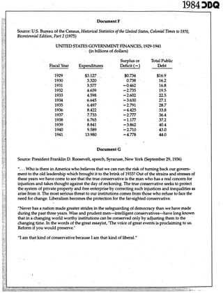 Document F
Source:U.S. Bureau of the Census, Historical Statisticsof the United States, Colonial Times to 1970,
Bicentennial ~diiion,Part 2 (1975)
UNITEDSTATESGOVERNMENT FINANCES, 1929-1941
. (inbillions of dollars)
Fiscal Year Expenditures
$3.127 ,
3.320,
3.577
4.659
4.598
6.645
6.497
8.422
7.733
6.765
8.841
9.589
13.980
Surplus or
Deficit (- )
$0.734
0.738
-0.462
-2.735
-2.602
-3.630
-2.791
-4.425
-2.777
-1.177
-3.862
-2.710
-4.778
Total Public
Debt
$16.9
16.2
16.8
19.5
22.5
27.1
28.7
33.8
36.4
37.2
40.4
43.0
44.0
Document G
Source:President Franklin D. Roosevelt, speech, Syracuse, New York (September29,1936)
"...Who is there in America who believesthat we can run the risk of turning back our govem-
ment to the old leadership which brought it to the brink of 1933?Out of the strains and stressesof
these years we have come to see that the true conservative is the man who has a real concern for
injusticesand takes thought against the day of reckoning.The true conservative seeks to protect
the system of private property and free enterpriseby correctingsuch injusticesand inequalities as
arise from it. The most serious threat to our institutions comesfrom those who refuse to face the
need for change. Liberalism becomes the protection for the far-sighted conservative.
"Never has a nation made greater strides in the safeguarding of democracy than we have made
during the past three years. Wise and prudent men-intelligent conservatives-have long known
that in a changing world worthy institutions can be conserved only by adjusting them to the
changing time. In the words of the great essayist, 'The voice of great events is proclaimingto us.
Reform if you would preserve.'
"I am that kind of conservative because I am that kind of liberal."
 