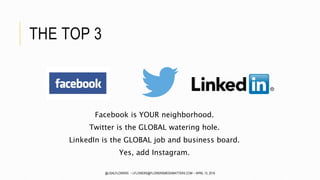 THE TOP 3
Facebook is YOUR neighborhood.
Twitter is the GLOBAL watering hole.
LinkedIn is the GLOBAL job and business board.
Yes, add Instagram.
@LISALFLOWERS ~ LFLOWERS@FLOWERSMEDIAMATTERS.COM ~ APRIL 13, 2016
 
