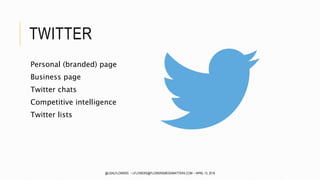 TWITTER
Personal (branded) page
Business page
Twitter chats
Competitive intelligence
Twitter lists
@LISALFLOWERS ~ LFLOWERS@FLOWERSMEDIAMATTERS.COM ~ APRIL 13, 2016
 