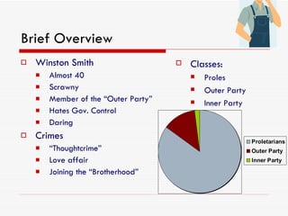Brief Overview Winston Smith Almost 40 Scrawny Member of the “Outer Party” Hates Gov. Control Daring Crimes “ Thoughtcrime” Love affair Joining the “Brotherhood” Classes: Proles Outer Party Inner Party 