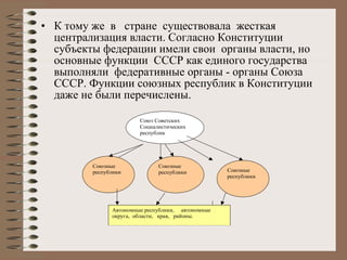 К тому же  в  стране  существовала  жесткая централизация власти. Согласно Конституции  субъекты федерации имели свои  органы власти, но основные функции  СССР как единого государства выполняли  федеративные органы - органы Союза СССР. Функции союзных республик в Конституции даже не были перечислены.   