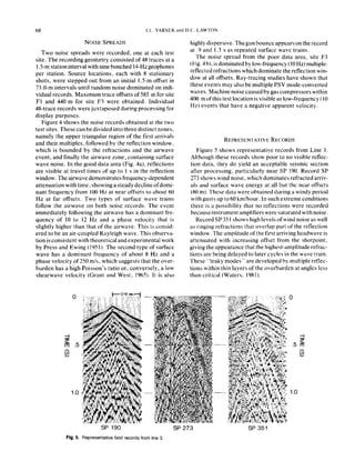 68 1.1.. “ARSEK and DC. LAWrON
NOISE SPREADS
Two noise spreads were recorded, one at each test
site. The recording geometry consisted of 4X traces at a
I .5-m station interval with nine bunched 14.Hzgeophones
per station. Source locations, each with 8 stationary
shots, were stepped out from an initial 1.5-m offset in
73.0-m intervals until random noise dominated on indi-
vidual records. Maximum trace offsets of 585 m for site
FI and 440 m for site F3 were obtained. Individual
4X-trace records were juxtaposed during processing for
display purposes.
Figure 4 shows the noise records obtained at the two
test sites. These can be divided into three distinct zones,
namely the upper triangular region of the first arrivals
and their multiples, followed by the reflection window,
which is bounded by the refractions and the airwave
event, and finally the airwave zone, containing surface
wave noise. In the good data area (Fig. 4a). reflections
are visible at travel times of up to I s in the reflection
window. The airwave demonstrates frequency-dependent
attenuation with time, showingasteadydeclineofdomi-
nant frequency from 100 Hz at near offsets to about 60
Hz at far offsets. Two types of surface wave trains
follow the airwave on both noise records. The event
immediately following the airwave has a dominant fre-
quency of IO to I2 Hz and a phase velocity that is
slightly higher than that of the airwave. This is consid-
ered to be an air-coupled Kayleigh wave. This observa-
tion is consistent with theoretical and experimental work
by Press and Ewing (1951). The second type of surface
wave has a dominant frequency of about 8 Hz and a
phase velocity of 250 m/s, which suggests that the over-
burden has a high Poisson’s ratio or, conversely, a low
shearwave velocity (Grant and West, 1965). It is also
0
.5
1.0
highly dispersive. Thegun bounceappearson therecord
at .9 and 1.3 s as repeated surface wave trains.
The noise spread from the poor data area, site F3
(Fig. 4 b), isdominated by low-frequency (IOHz) multiple-
reflected refractions whichdominate thereflection win-
dow at all offsets. Kay-tracing studies have shown that
these events may also be multiple PSV mode-converted
waves. Machinenoisecausedbygascompressors within
400 mofthis test locationisvisibleaslowfrequency(l0
Hz) events that have a negative apparent velocity.
REPRES~NTAIIVE RECORDS
Figure 5 shows representative records from Line 3.
Although these records show poor to no visible reflec-
tion data, they do yield an acceptable seismic section
after processing, particularly near SP 190. Record SP
273 shows wind noise, which dominates refracted arriv-
als and surface wave energy at all but the “car offsets
(80 m). These data were obtained during a windy period
with gusts up to 60 km/hour. In such extreme conditions
there is a possibility that no reflections were recorded
becauseinstrumentamplifiersweresaturated wilhnoise.
Record SP 35 I shows high levels of wind noise as well
as Iringing refractions that overlap part of the reflection
window. The amplitude ofthe first arriving headwave is
attenuated with increasing offset from the shotpoint,
giving the appearance that the highest-amplitude refrac-
tions are being delayed to later cycles in the wave train.
These “leaky modes” are developed by multiple reflec-
tions within thin layers ofthe ovcrburdcn at angles less
than critical (Waters, 1981).
0
.5
1.c
SP 351
Fig. 5. Representative field records from line 3
 