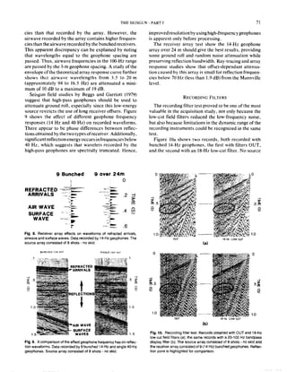 THE SEISGUN PART I 71
ties than that recorded by the array. However, the
airwave recorded by the array contains higherfrequen-
ties than the airwave recorded by the bunched receivers.
This apparent discrepancy can be explained by noting
that wavelengths equal to the geophone spacing are
passed. Thus, airwave frequencies in the IO&Hz range
are passed by the 3-m geophone spacing. A study of the
envelope ofthe theoretical array response curve further
shows that airwave wavelengths from 3.5 to 20 m
(approximately 94 to 16.5 Hz) are attenuated a mini-
mum of IO dB to a maximum of I9 dB.
S&gun field studies by Beggs and Garriott (1979)
suggest that high-pass geophones should be used to
attenuate ground roll, especially since this low-energy
source rwtricts the use of long receiver offsets. Figure
9 shows the effect of different geophone frequency
responses (I4 Hz and 40 Hz) on recorded waveforms.
There appear to be phase differences between reflec-
tionsobtained by thetwo typesofreceiver. Additionally,
significant reflectionenergyoccursinfrequencies below
40 Hz, which suggests that wavelets recorded by the
high-pass geophones are spectrally truncated. Hence,
9 Bunched 9 over 24m
1 0
REFRACTED &
,A-
ARRIVALS -=$
-:* ,2 y
7 z
Fig. 8. Receiver array effects on waveforms of refracted arrivals.
airWaveand slWze waves. Data recorded by 1~-HZgeophones. The
source array c:onsisted of S shots -no skid.
,o
.5
Flg. 9. A comparison of the effect geophone frequency has an reflec-
tion waveform!i. Data recorded by 9 bunched 14.Hz and single 40-H.?
geophones. Source array consisted of 8 shots. no skid.
improvedresolutionbyusinghigh-frequencygeophones
is apparent only before processing.
The receiver array test show the l4-Hz geophone
array over 24 m should give the best results, providing
some ground roll and random noise attenuation while
preserving reflection bandwidth. Ray-tracing and array
response studies show that offset-dependant attenua-
tion caused by this array is small for reflectionfrequen-
ties below 70 Hz (less than 1.9 dB) from the Mannville
level.
RECORDING FILTERS
The recording filter test proved to be one of the most
valuable in the acquisition study, not only because the
low-cut field filters reduced the low-frequency noise,
but also because limitations in the dynamic range of the
recording instruments could be recognized in the same
test.
Figure IOa shows two records, both recorded with
bunched 14.Hz geophones, the first with filters OUT.
and the second with an 18-Hz low-cut filter. No source
0 0
$5
E
.sg
G
1.0
18HZ LOWCUT
lb)
Fig. IO. Recording filter test: Records Obtained with OUT and IS-HZ
low-cut field filters (a); the same records with a 20-100 Hz bandpass
display filter (b). The sowx array consisted of 8 shots. no skid and
the receiver array consisted of 9 (14 Hz) bunched geophones. Reflec-
tion zone is highlighted for comparison.
 
