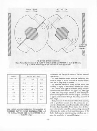ROTATION
-----
ROTATION
----
HARDFACED
CUTTING
SURFACE
FIG. 2 TYPE II MSW SHREDDER
[Input Torque Specifications: 1 @ 32,000 ft-Ib/Shaft @ 32 rpm (43,400 N. m Shaft @ 32 rpm);
1 @ 57,000 ft-Ib/Shaft @ 16 rpm (77,306 N. m Shaft @ 16 rpm)]
SCREEN PERCENT RETAINED
SIZE. IN.
AVG. MIN. MAX.
+4 19.3 9.7 32.9
+2 30.7 23.0 35.0
+1 19.2 14.9 23.9
+1/2 13.2 8.9 17.4
+1/4 9.3 6.2 12.0
PAN 8.3 5.1 10.3
FIG. 3 02-03 DECEMBER 1980 SIZE DISTRIBUTION OF
SHREDDER OUTPUT: ELEVEN SAMPLINGS FROM 11.2
TO 28.4 Ib; AVERAGE SIZE 18.8 Ib; AVERAGE BULK
DENSITY 5.4 pcf
270
quirements and the specific nature of the feed material.
Specifically:
(a) The shredder output must be reasonably uni­
form in shape, of a size that can be readily burned,
and free of long strips of rubber.
(b) The raw material is bulky, flexible, elastic, and
not easy to engage in the interface between the cutters.
As a result, this Type III shredder design incorpo­
rates features from the first two types, and, like Type
I, adds some very unique features to meet the require­
ments of its specific feed material. Figure 4 illustrates
a typical cross-section through the cutting chamber of
this design.
First, because of the elasticity of the feed material,
and to give better control over the particle size pro­
duced, it borrows the idea of replaceable cutting edges
from the Type I shredder. Next, froIJ1 a Type II shred­
der, it borrows the idea of the intermeshing rotors and
eliminates the center anvil, to ease the entrance of the
bulky feed material into the cutting interface and re­
duce the possibility of material bridging.
 